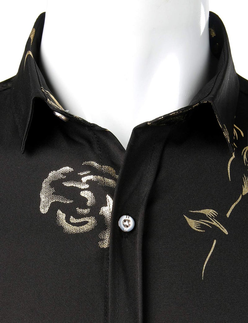 ZEROYAA Mens Hipster Gold Rose Printed Slim Fit Short Sleeve Button Down Dress Shirts ZZCL41 Black Medium - Image 3
